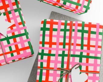 Pink Plaid Holiday Wrapping Paper, Mix & Match, Fun Christmas Gift Wrap, Premium Paper