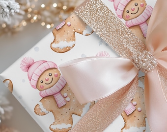 Pink Gingerbread Man Gift Wrap, Holiday Children's Gift Wrap, Premium Paper