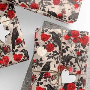 Gothic Black Bird Wrapping Paper, Crows & Roses Gift Wrap, Goth Aesthetic, Halloween Gift Wrap, Premium paper, Wrapping Paper Rolls, 3 Sizes