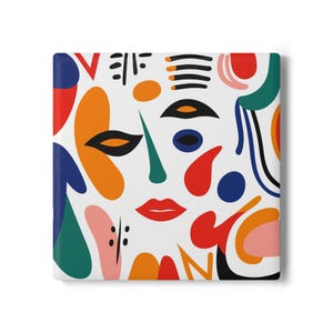 Modern Art Ceramic Coaster, Colorful Abstract Face Design, Birthday Gift, Hostess/ Housewarming Gift, Round & Square Coasters Sets