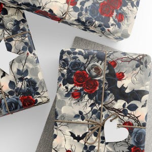 Halloween Gift Wrap with black and red roses and flying bats.