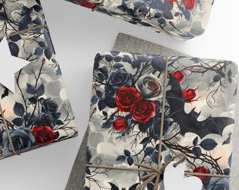 Bats & Roses Wrapping Paper, Gothic Black and Red Roses with Bats Design, Wrapping Paper Rolls, 3 Sizes