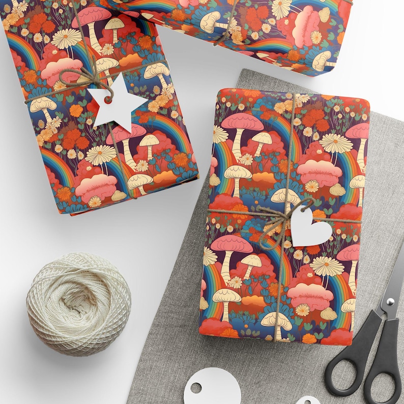 May include: A colorful wrapping paper with a repeating pattern of mushrooms, rainbows, and flowers. The paper is in shades of pink, orange, yellow, blue, and green.