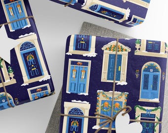 Festive Christmas Doors Gift Wrap, Blue Holiday Wrapping Paper, Christmas Front Doors with Bows and Spiced Oranges, Premium Paper