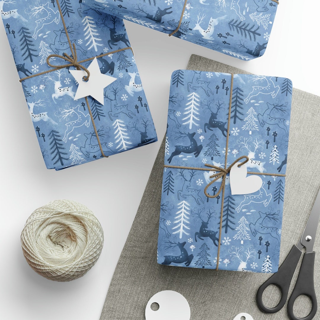 Blue Christmas Wrapping Paper, Blue Gift Wrap With Reindeer, Christmas Scandinavian Gift Wrap