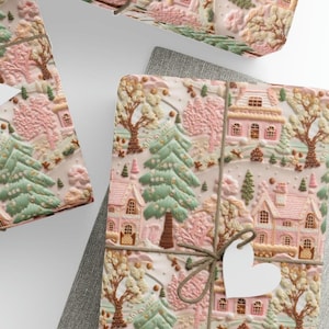 Pink Christmas Village Gift Wrap, Soft Pinks & Green Color Pallet, Premium Paper, Wrapping Paper Rolls, 3 Sizes