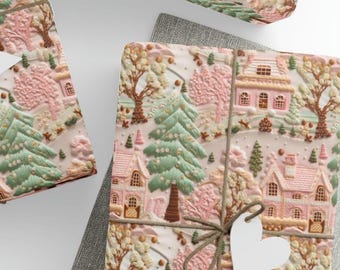 Pink Christmas Village Gift Wrap, Soft Pinks & Green Color Pallet, Premium Paper, Wrapping Paper Rolls, 3 Sizes