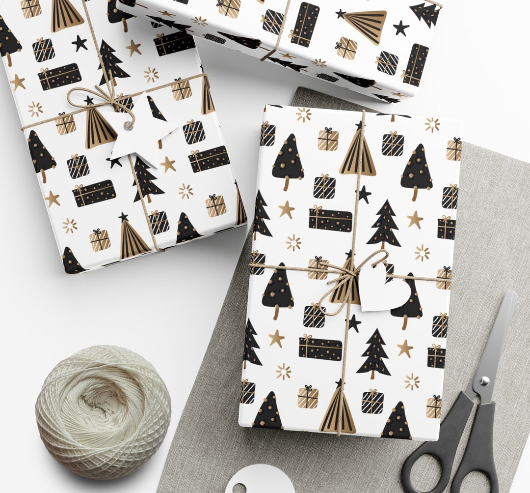 Christmas Wrapping Paper, Scandinavian Design Gift Wrap, Black and