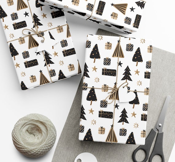 Christmas Wrapping Paper, Scandinavian Design Gift Wrap, Black and Gold,  Christmas Gift Wrap, Wrapping Paper Roll, Christmas Trees Gift Wrap 