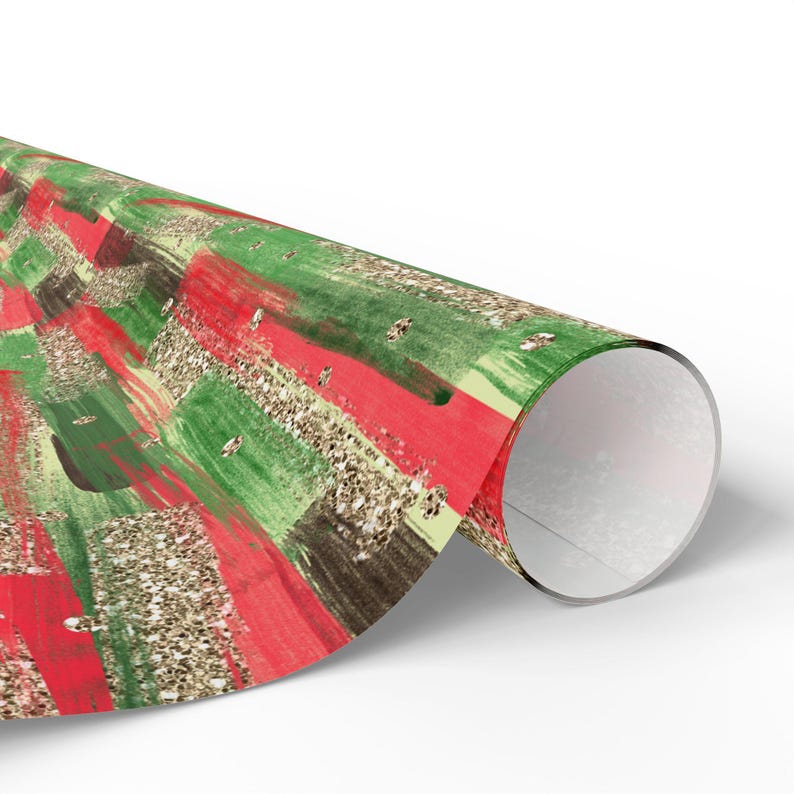 Papel de regalo navideño, papel de regalo artístico con pinceladas rojas, verdes y doradas, rollos de papel de regalo, 3 tamaños imagen 4