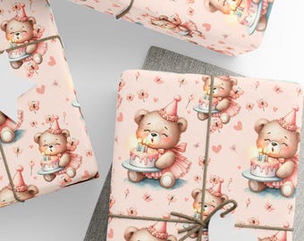 Teddy Bear Birthday Gift Wrap, Baby Girl Pink Birthday Gift Wrap, Young Child's Birthday Wrapping Paper, Wrapping Paper Rolls, 3 Sizes