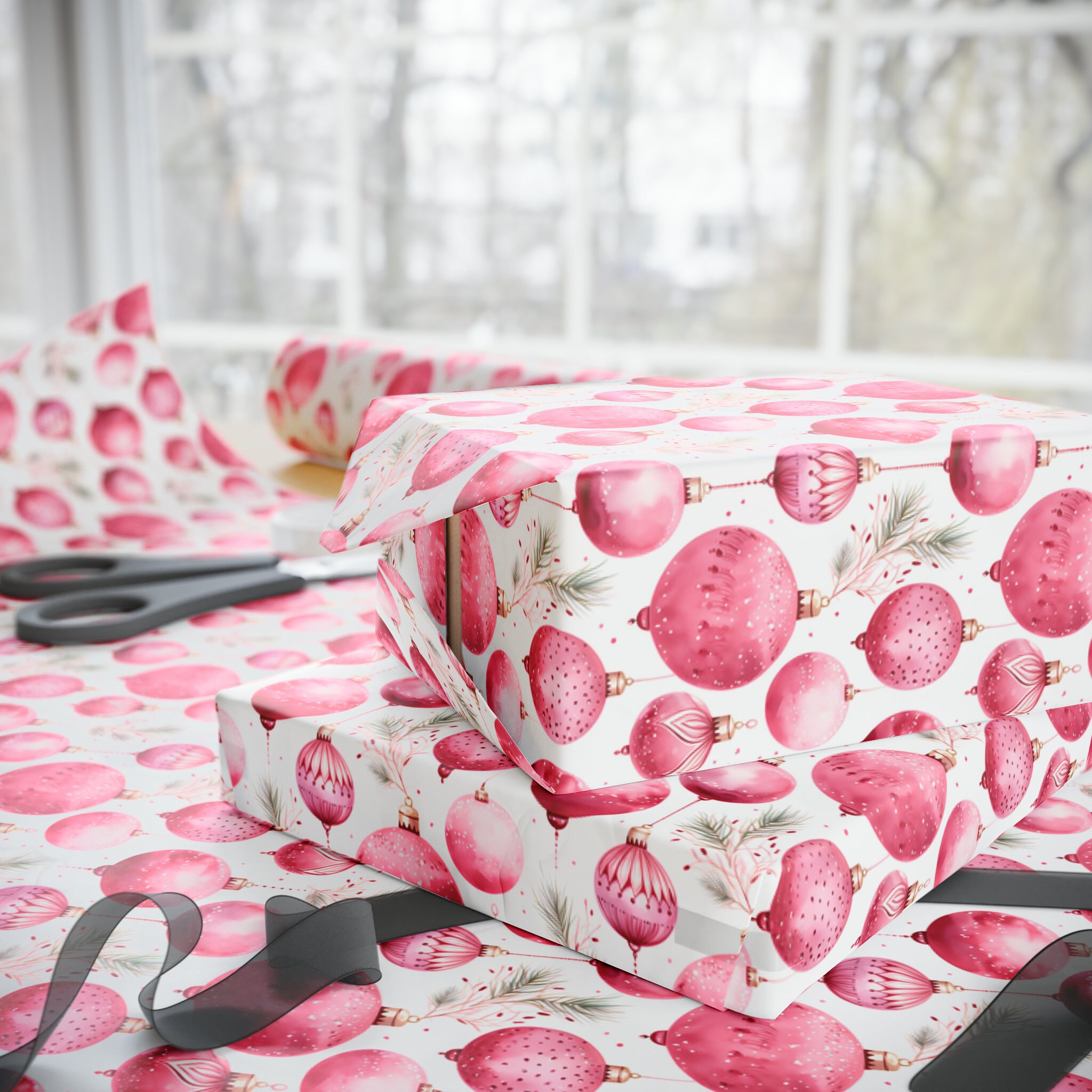 pink-christmas-wrapping-paper-pink-watercolor-christmas-ornaments