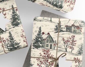 Vintage Christmas Wrapping Paper, Winter Holiday Gift Wrap, Toile Style Design, Premium Paper, Wrapping Paper Rolls, 3 Sizes