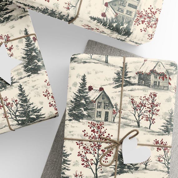 Vintage Christmas Wrapping Paper, Winter Holiday Gift Wrap, Toile Style Design, Premium Paper, Wrapping Paper Rolls, 3 Sizes