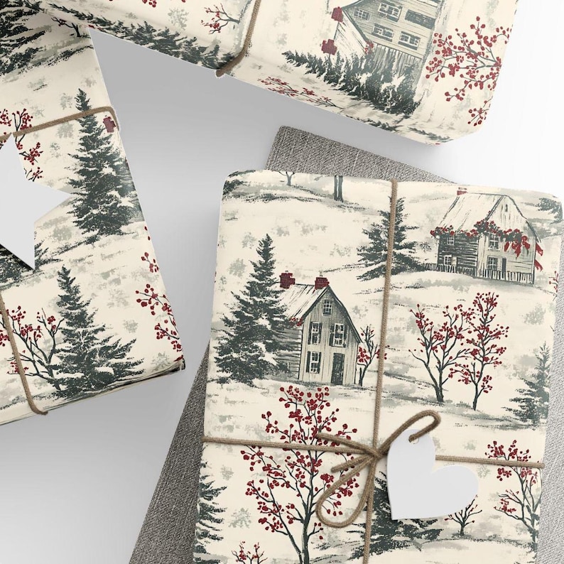 Vintage Christmas Village Scene Wrapping Paper in a Toile Design.