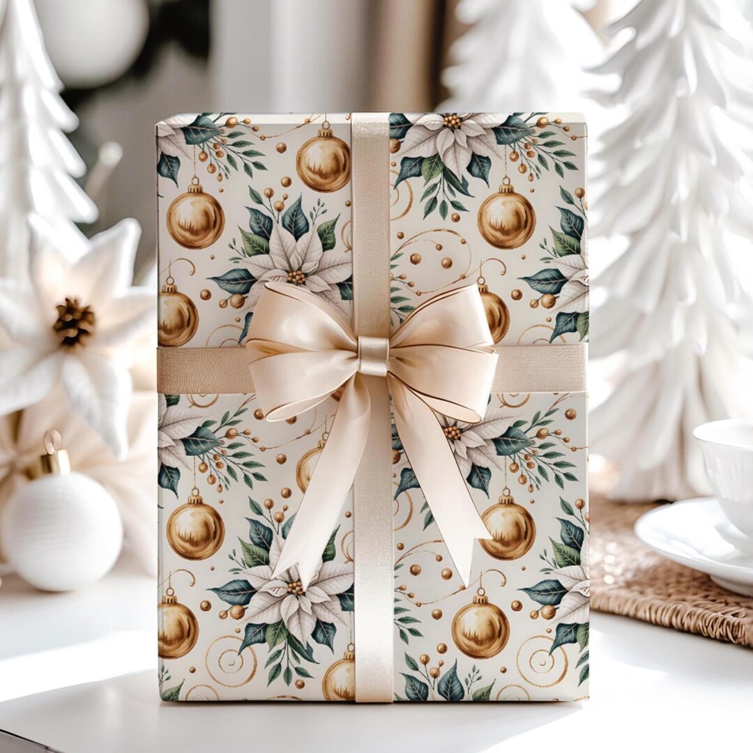 Elegant Christmas Gift Wrap, White & Gold Holiday Wrapping Paper — free download