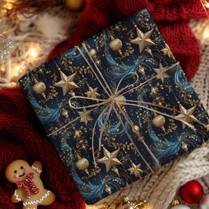 Christmas Nocturna Wrapping Paper, Mystical Christmas Gift Wrap, Blue with Gold Ornaments, Baubles & Stars, 3 Sizes image 8