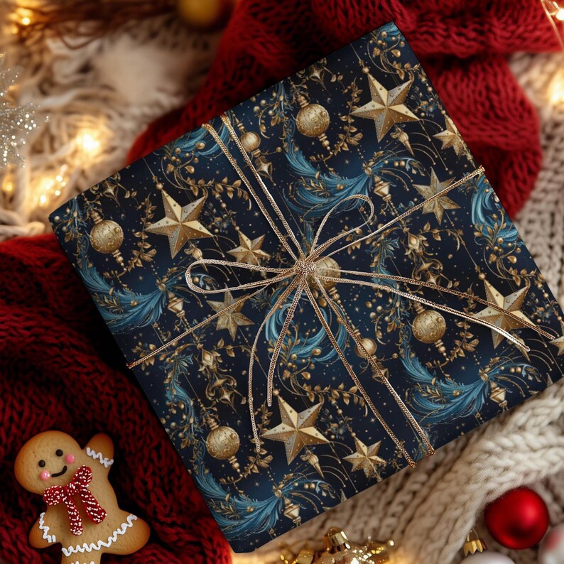 Christmas Nocturna Wrapping Paper, Mystical Christmas Gift Wrap, Blue with Gold Ornaments, Baubles & Stars, 3 Sizes image 8