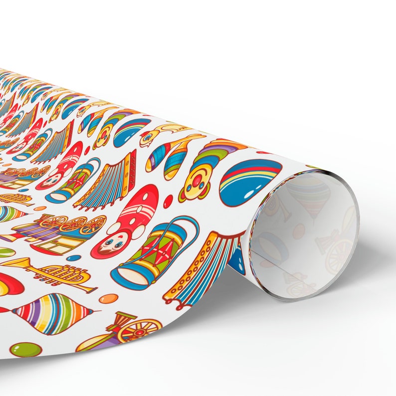 May include: A white wrapping paper with a colorful pattern of toys, including a red and white striped toy train, a blue and yellow toy drum, a red and white toy rocking horse, a blue and yellow toy ball, a red and white toy clown, a blue and yellow toy trumpet, and a red and white toy top.