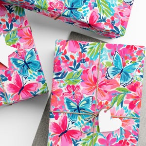 Flowers & Butterflies Gift Wrap, Preppy Aesthetic, Birthday Wrapping Paper, Pink Gift Wrap, Wrapping Paper Rolls, 3 Sizes