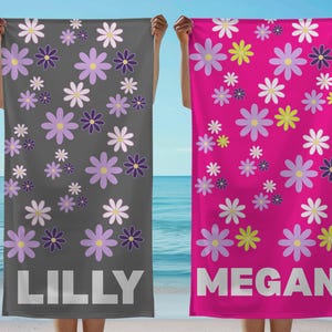 Cute Lush Custom Beach Towel, Pool Party Towels, Retro flower Style Bridesmaid Towel, bachelorette towels, custom beach towels, Name towel,