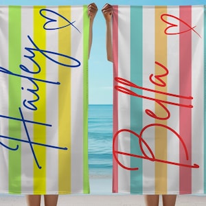 Lush Striped Personalized Beach Towel, Pool Party Towels, Retro Style Bridesmaid Towel, bachelorette towels, custom beach towels, Name towel