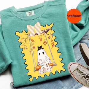Retro Geist Halloween Sweatshirt, Komfort Farben süßes Halloween Shirt, Katze Halloween Shirt, Komfort Farbe Sweatshirt Shirt, Geist Pullover