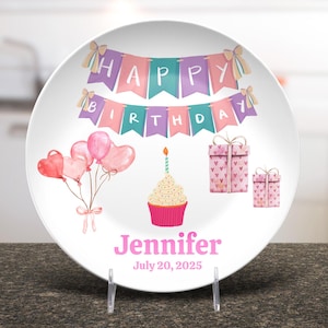 Cute Girls birthday plate - hearts bows cupcake plate -first birthday - unbreakable - 1st birthday smash cake- personalized birthday plate