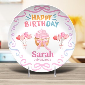 Girls birthday plate -ribbon bow cupcake plate -first birthday - unbreakable plate - 1st birthday smash cake- personalized birthday plate