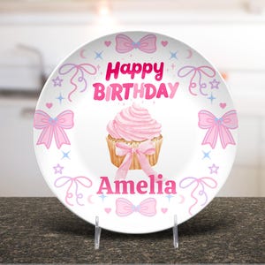 Girls birthday plate -ribbon bow cupcake plate -first birthday - unbreakable plate - 1st birthday smash cake- personalized birthday plate