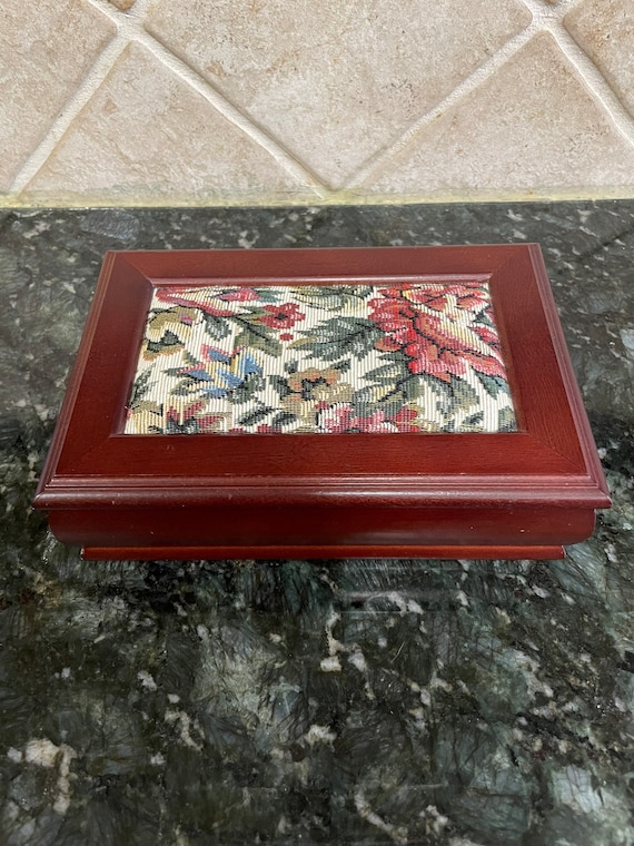 Vintage Wooden Jewelry Box with Embroidered Lid |… - image 1