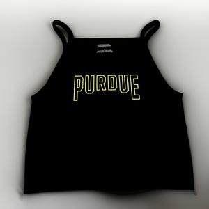 May include: Black tank top with a yellow outline of the word "PURDUE" on the front.