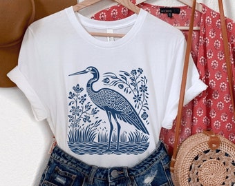 Blue Heron Shirt Linocut Shirt Great Blue Heron Bird Lover Shirt Hippy Clothes Granola Girl Gift Antique Folk Art Avian Aviary Gift