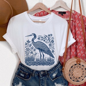 Blue Heron Shirt Linocut Shirt Great Blue Heron Bird Lover Shirt Hippy Clothes Granola Girl Gift Antique Folk Art Avian Aviary Gift