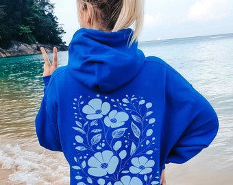 Blue Wildflower Graphic Hoodie - Naturecore Aesthetic Sweatshirt