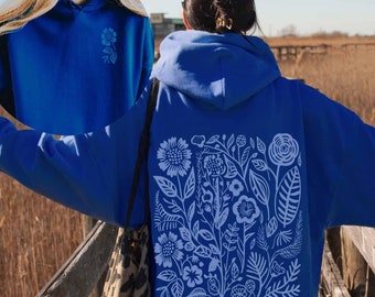 Blue Floral Hoodie: Royal Blue Wildflower Print, Unisex Fit