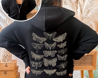 Moth Print Full Zip Up Hoodie: Cottagecore Goblincore Sweatshirt