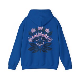 Boho Flower Hoodie: Women's Graphic Linocut Style Sweatshirt Royal