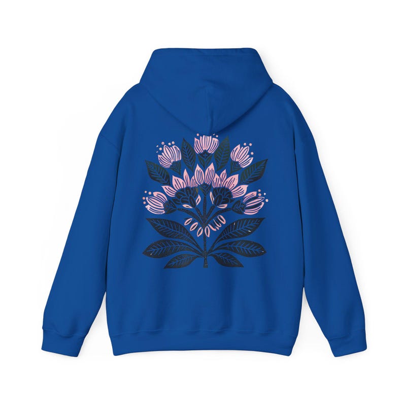 Boho Flower Hoodie: Women's Graphic Linocut Style Sweatshirt Royal