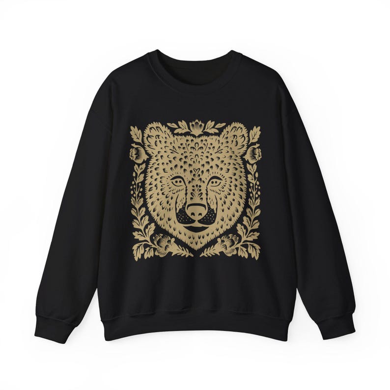 Floral Bär Sweatshirt, Cottagecore Natur Rundhalsausschnitt Black