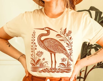 Heron Shirt Linocut Shirt Great Blue Heron Bird Lover Shirt Hippy Clothes Granola Girl Antique Folk Art Avian Aviary Gift Block Print Shirt