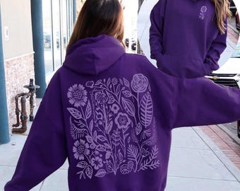 Purple Floral Hoodie: Unisex Cotton-Blend Graphic Sweatshirt