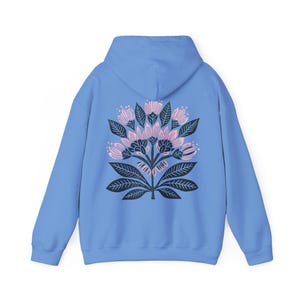 Boho Flower Hoodie: Women's Graphic Linocut Style Sweatshirt Carolina Blue