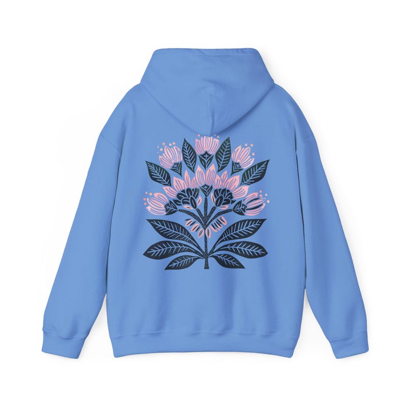 Boho Flower Hoodie: Women's Graphic Linocut Style Sweatshirt Carolina Blue