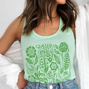 Sage Green Floral Tank Top: Boho Cottagecore Wildflower Print Solid Mint