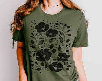 Boho Floral Linocut Shirt: Naturecore Block Print Tee