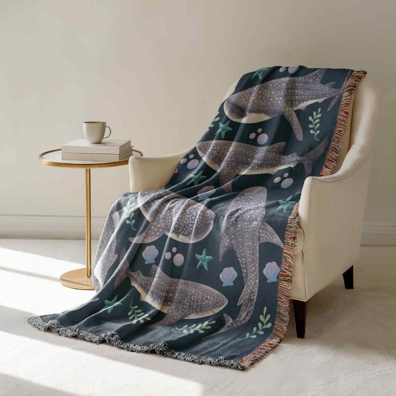 Whale Shark Coastal Woven Blanket Summer Blanket Nautical Blanket Woven Blanket Large Wall Nature Tapestry Woven Throw Blanket Oceancore image 3