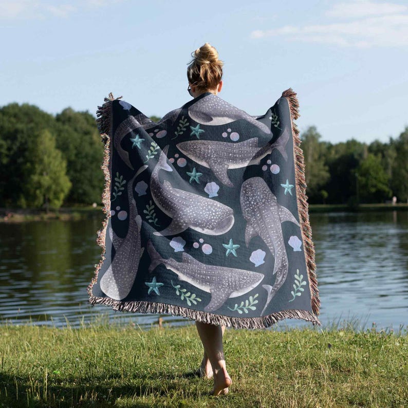 Whale Shark Coastal Woven Blanket Summer Blanket Nautical Blanket Woven Blanket Large Wall Nature Tapestry Woven Throw Blanket Oceancore image 1