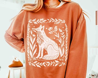 Fox Sweatshirt Linocut Shirt Block Print Shirt Fox Hoodie Comfortcolors Sweatshirt Folk Art Forestcore Granola Girl Tween Girl Gifts