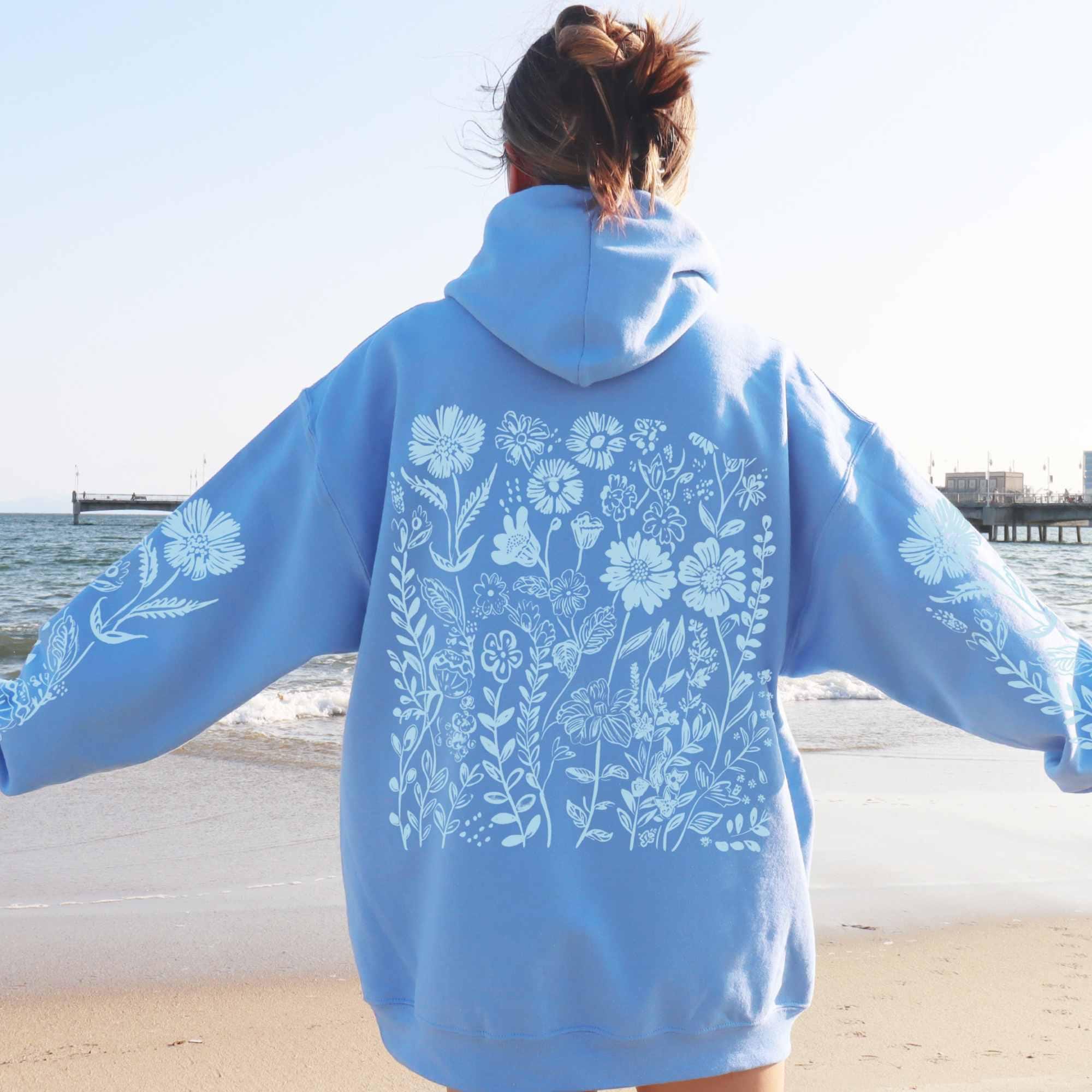 Blue Wildflower Hoodie Sleeve Design Flower Hoodie Cute